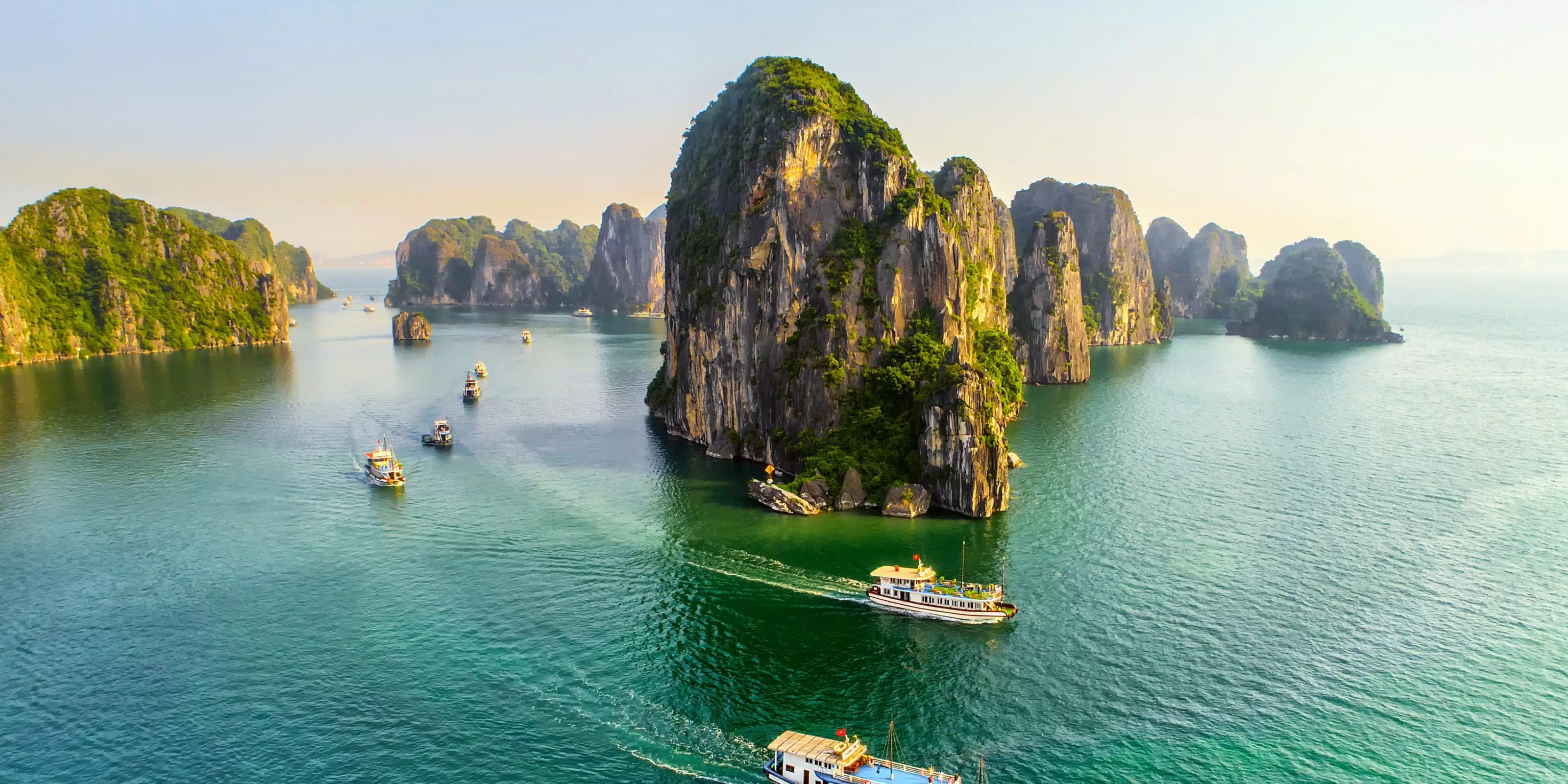 Limestone islands and blue water in Ha Long Bay, Vietnam