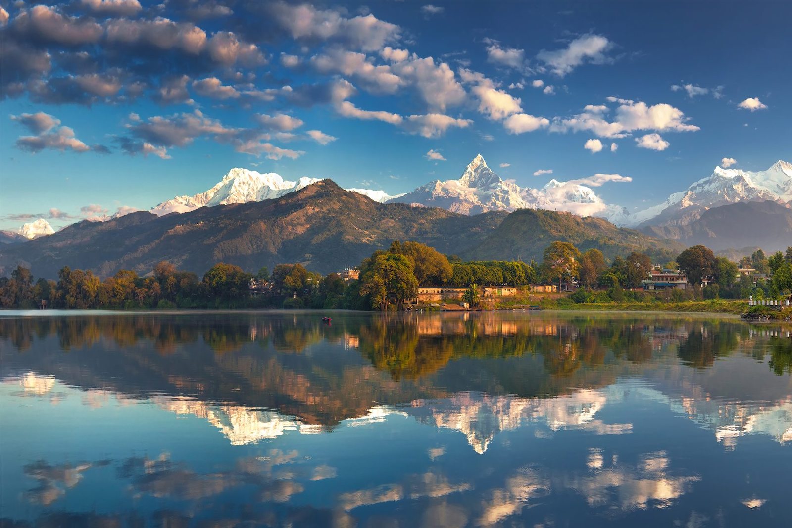 Phewa Lake and the Annapurna mountain range near Pokhara, Nepal