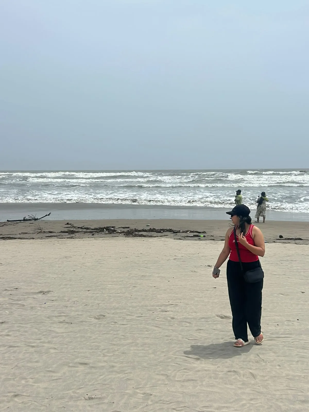 A traveller walking along the shoreline